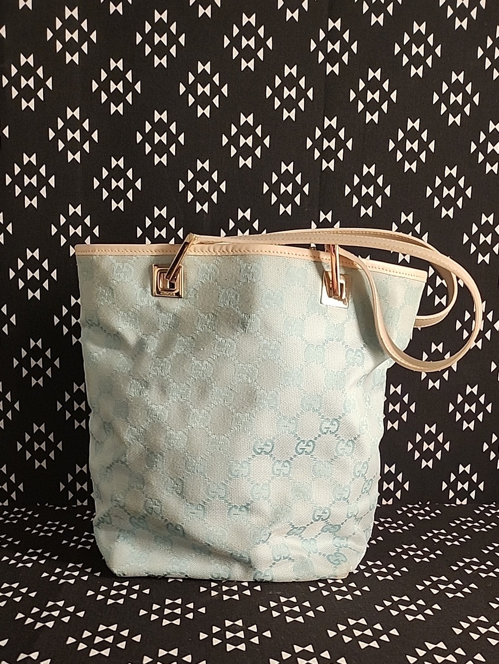 Gucci Light Blue Monogram Tote with Beige Trim and Straps